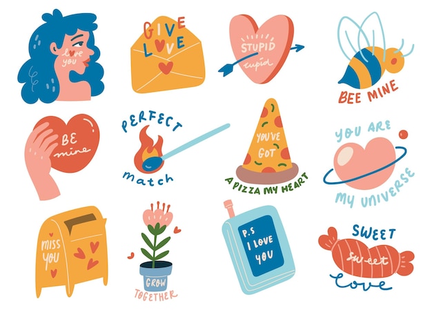 Vector set of cute cartoon romantic concept sticker