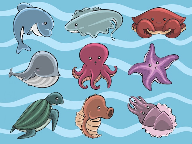 Set of cute cartoon sea animals in hand drawn