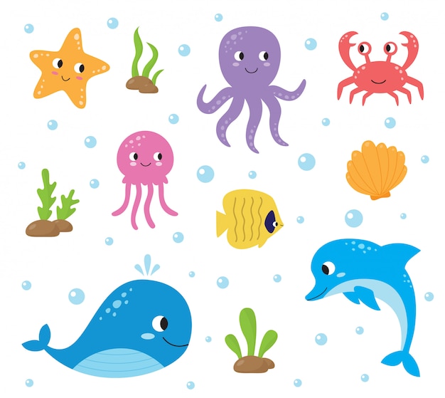 Vector set of cute cartoon sea animals. underwater life.