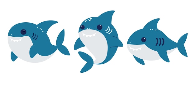 set of cute cartoon sharks flat vector illustration