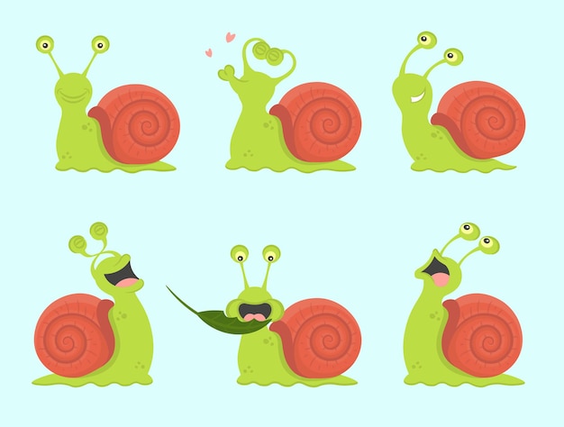 Set of cute cartoon snails. Cute, in love, laughing, frightened, hungry, running. Vector illustration.