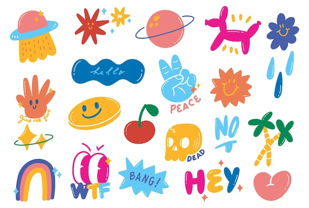 set of cute cartoon stickers in doodle style