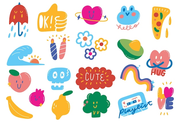 Vector set of cute cartoon stickers in doodle style