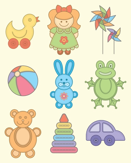 Vector set of cute cartoon style children's toys illustration. great for kids designs.