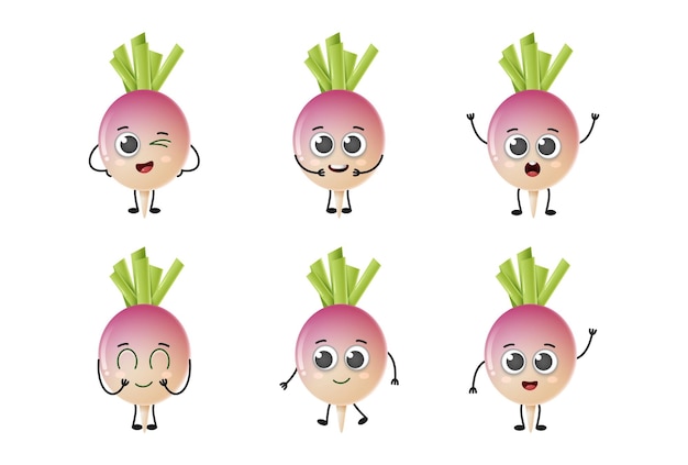 Set of cute cartoon turnip vegetables vector character set isolated on white background