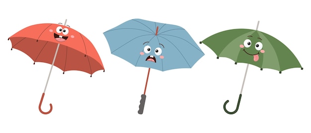 Set of cute cartoon umbrella characters with different emotions Autumn illustration in flat style