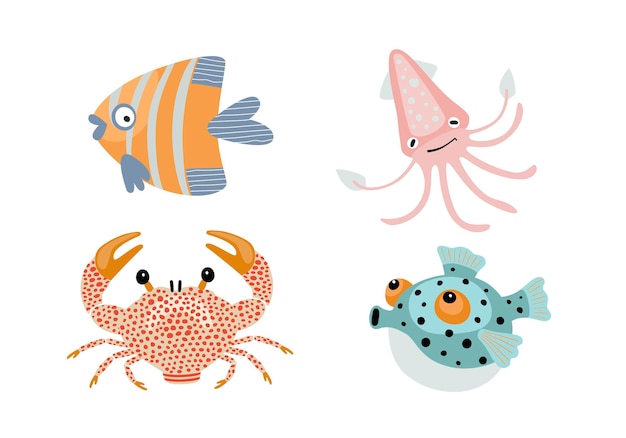 Vector set of cute cartoon underwater animals vector illustration isolated on white background