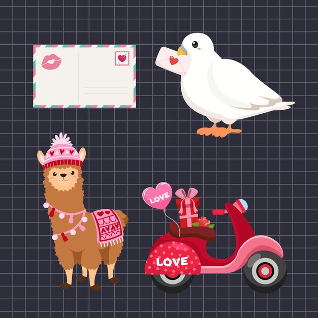 Set of cute cartoon valentine's day animals on checkered background Vector illustration