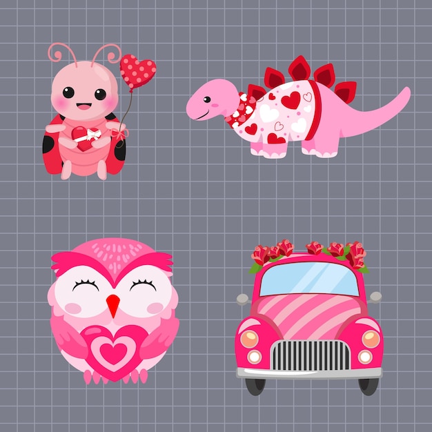 Set of cute cartoon valentine's day animals on checkered background Vector illustration