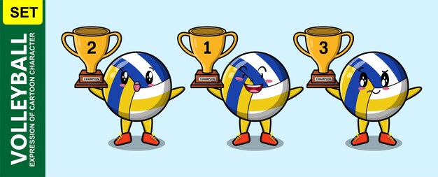 Set of cute cartoon volleyball ball holding trophy with happy expression in 3d modern style design