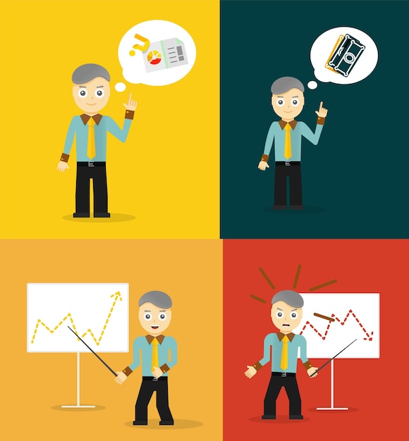Set of cute cartoon young businessmen Idea concept and finance report graph