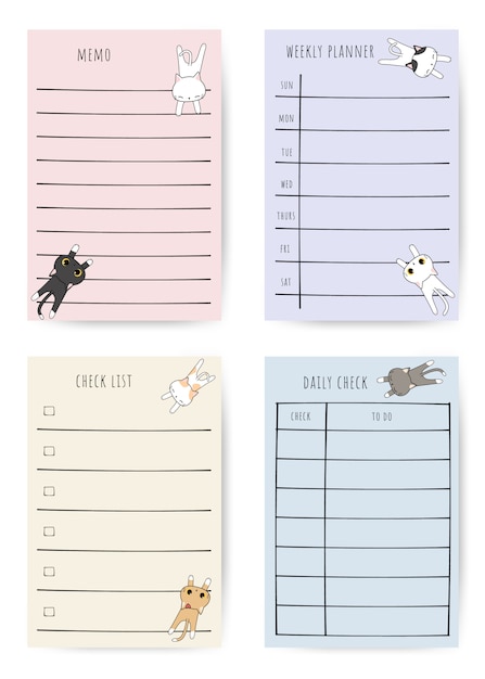 Set of Cute Cat Cartoon Doodle Note Planner