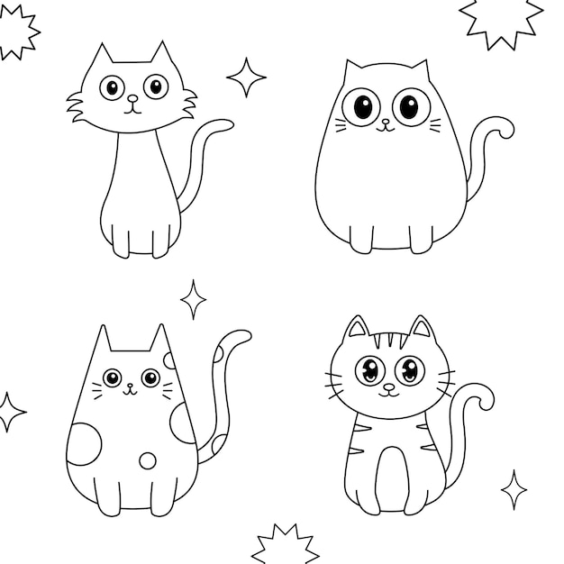 Set of cute cat character coloring book doodle cartoon for kid book Vector illustration