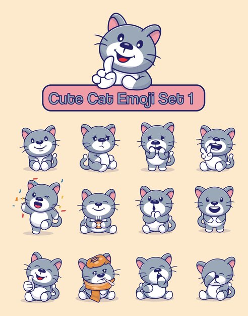 Set of cute cat characters with different emoticons