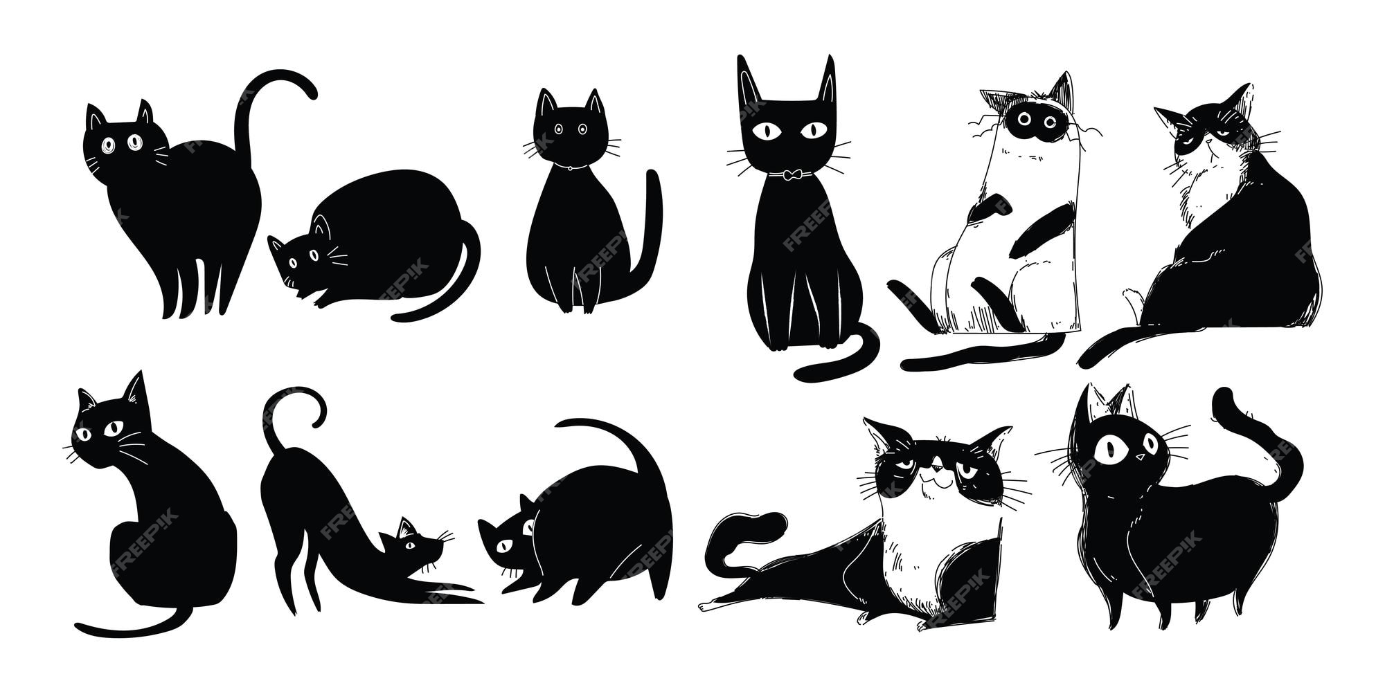 Set cat icons isolated on black and white Vector Image