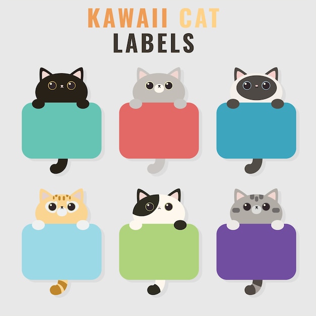 Set of cute cat illustration tags or labels cartoon style