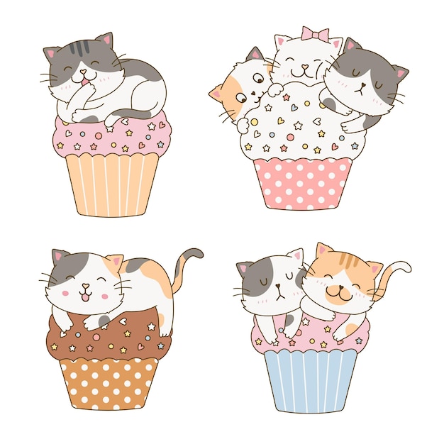 Vector set of cute cat on top of sweet cupcake for birthday doodle drawing illustration bundle collection