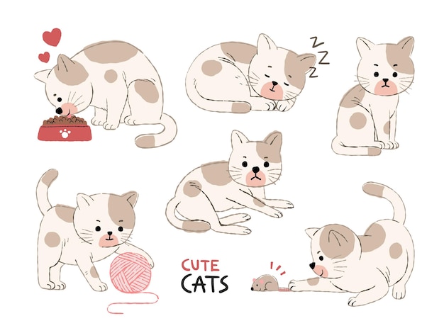 Set of cute cat in various action