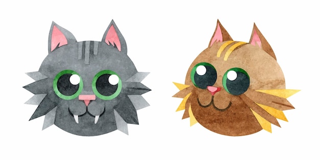 Set of cute cats brown black cat with green eyes cartoon funny kittens handdrawn watercolor illustrations on a white background for postcards prints children's design pet stores stickers