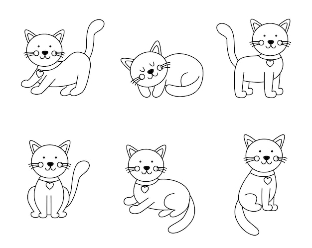 Set di simpatici gatti in stile cartone animato pagina da colorare per bambini