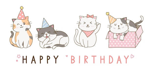 Vettore set di gatti carini che celebrano saluto buon compleanno doodle disegno fumetto illustrazione bundle vol3