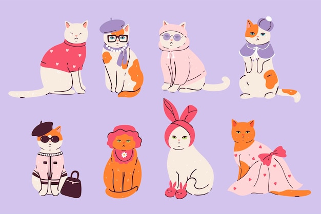 Vector set of cute cats in fashionable outfits vector image