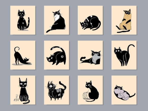 Vector set of cute cats poses vector illustration cartoon portrait of playful pets with funny faces cat