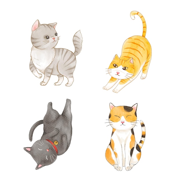 set of cute cats watercolor