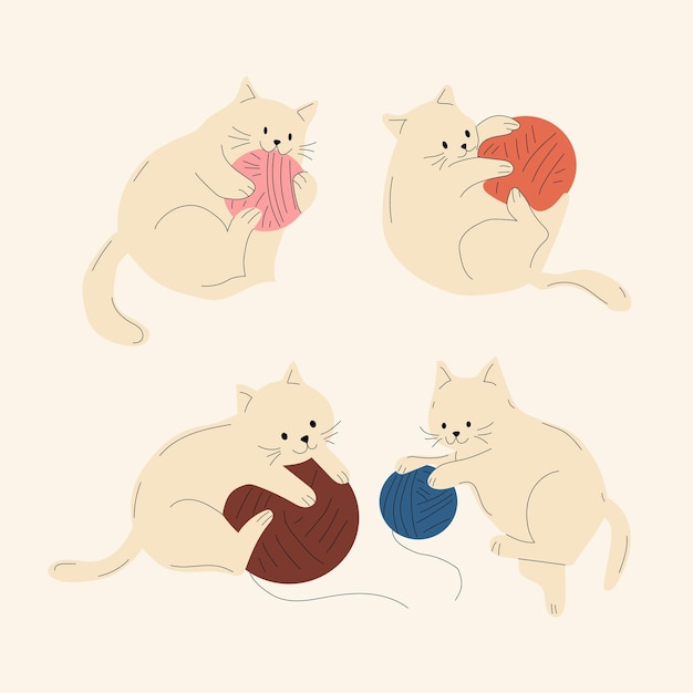 Vector set of cute cats with knitting and balls of yarn. vector