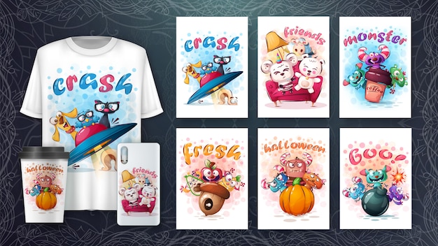 Set di simpatici personaggi per poster e merchandising