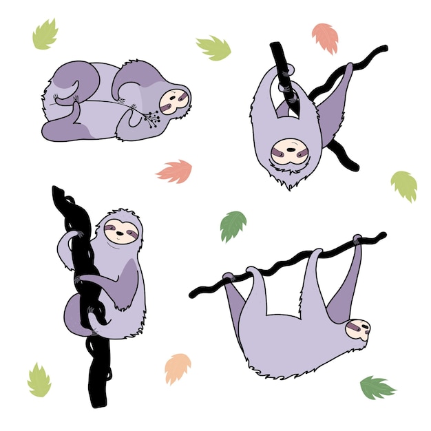 Vector set of cute character sloth. isolated cartoon baby climbing sloths flat vector illustration.