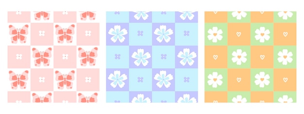 Set of cute checkered seamless patterns with flowers and butterflies in pastel colors