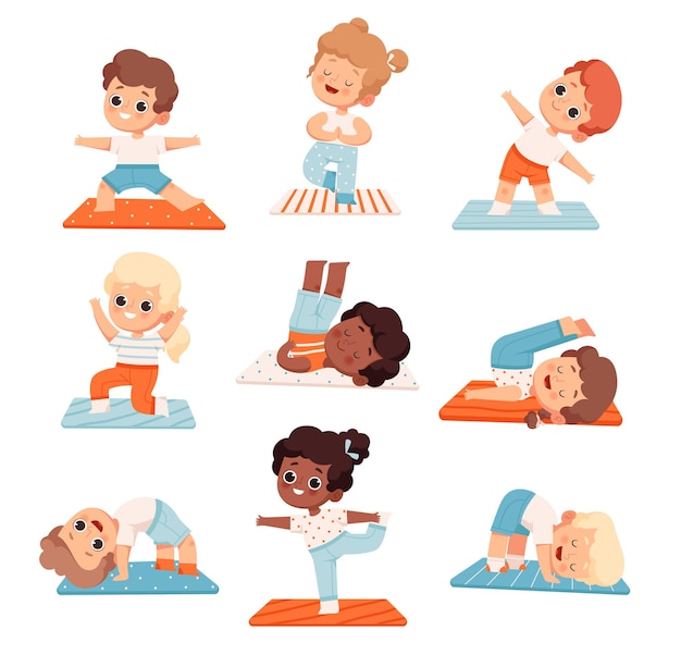 Vector set of cute cheerful kids doing yoga and aerobics at school or yoga class