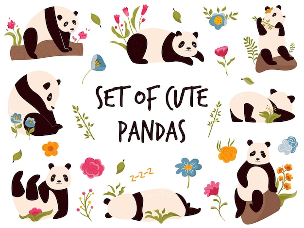 Set of cute cheerful pandas in different poses. animal character design