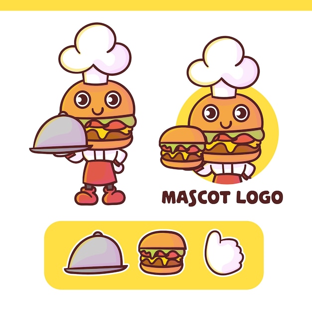 Set di simpatico logo mascotte hamburger chef con aspetto opzionale, stile kawaii