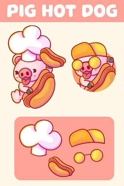 Set of cute chef pig with hot dog mascot logo with optional appearance.