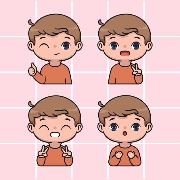 Set di un simpatico ragazzo chibi con un'espressione diversa