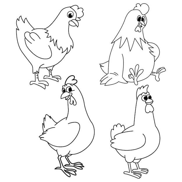 Set of cute chicken animals cartoon coloring page illustration vector For kids coloring book