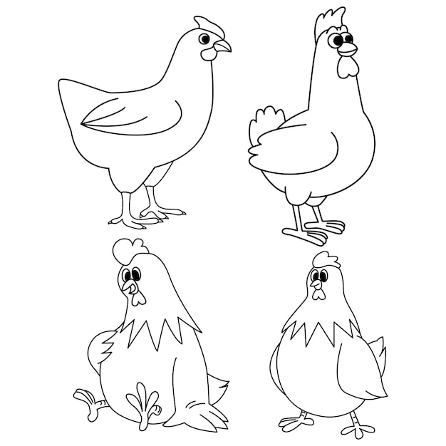 Set di simpatici animali di pollo cartoon colorazione pagina illustrazione vettore per bambini libro da colorare