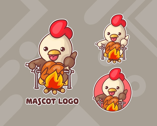 Set of cute chicken mascot logo with optional appearance.