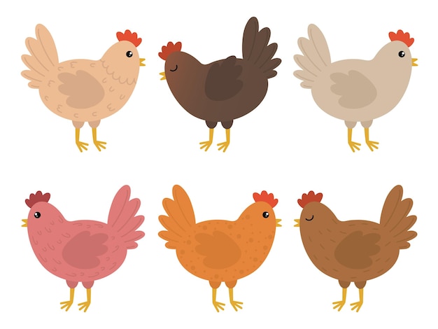 set of cute chickens easter colored cartoon chickens vector illustration of a chicken set of cute