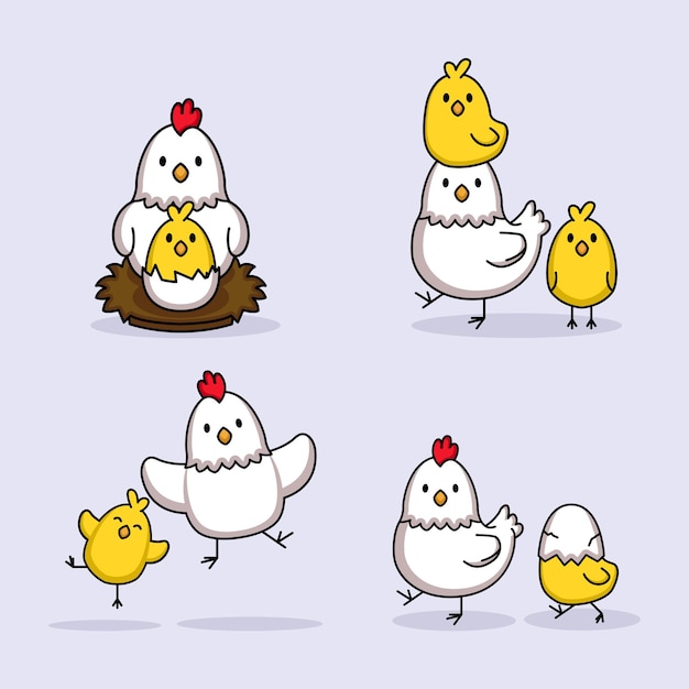 Set of cute chicks and hen chicken