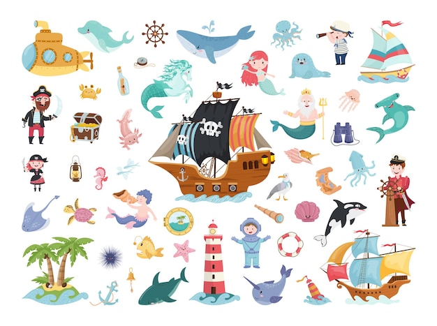 海の冒険と海洋生物に関連するかわいい子供たちのキャラクターのセット