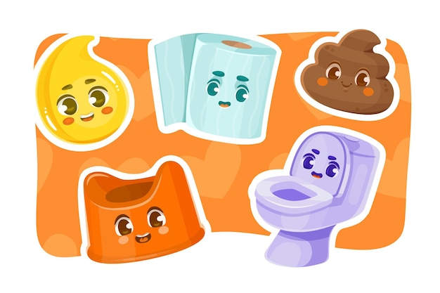 Set of cute childrens characters with pee poop toilet paper toilet and baby potty