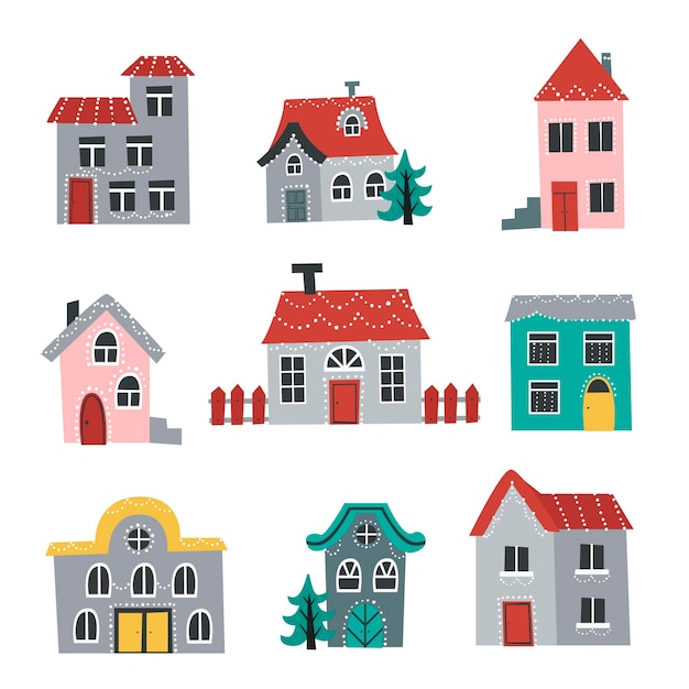 set of cute christmas buildings and houses