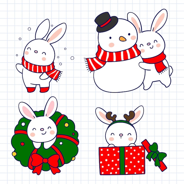 Set of cute Christmas bunnies with presents Vector illustration