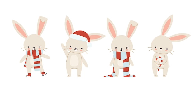 Set of cute christmas bunnies.