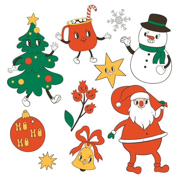 Набор милых рождественских персонажей в заводном стиле Векторное изображение