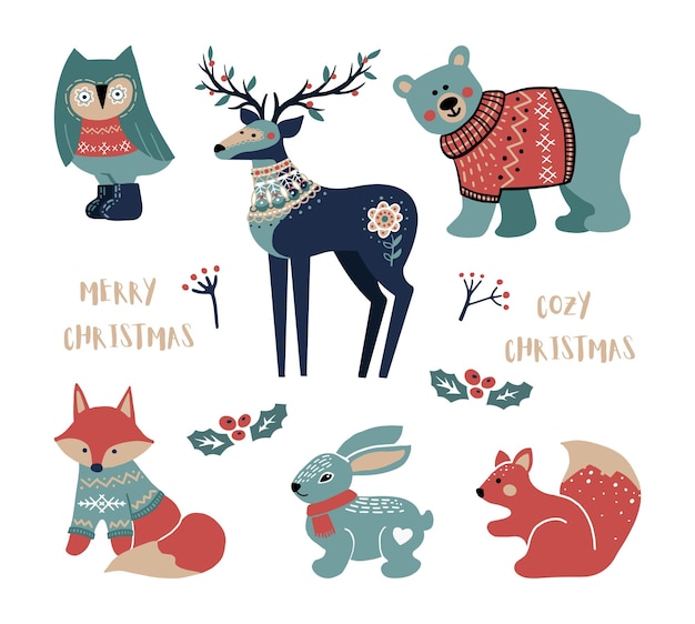 Vector set of cute christmas design elements with woodland animals