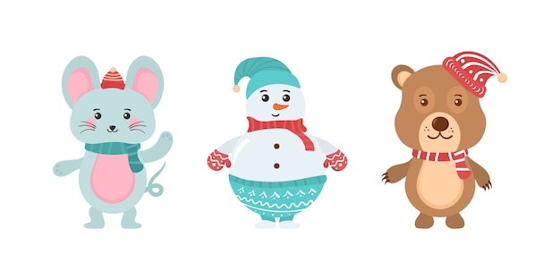 Set of cute christmas forest animals. collection of cute cartoon characters isolated on a white background. set of christmas and new year elements with animals.